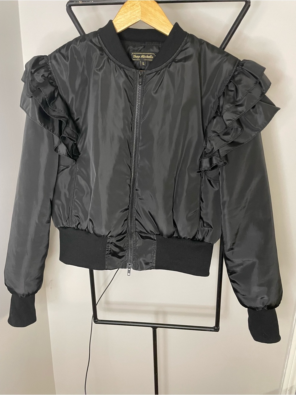 Black Ruffle-Trim Bomber Jacket